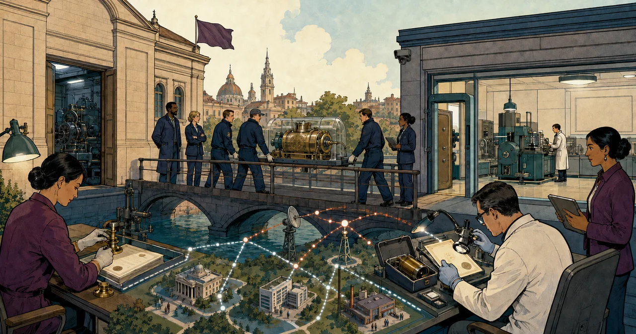 Civic trust mint transferring one guarded master mechanism from a stopped old authority to a prepared new mint while distant relying stations remain connected through separate publication signals and independent desks validate old and newly issued certificates.