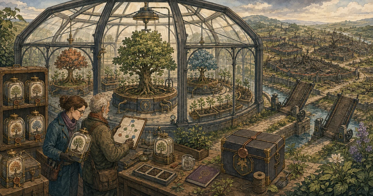 Isolated glass conservatory restoring one trusted seed tree for each of three directory domains, with the central root tree established first, clean saplings propagated around them, damaged old groves cordoned off and reconnection bridges still raised.