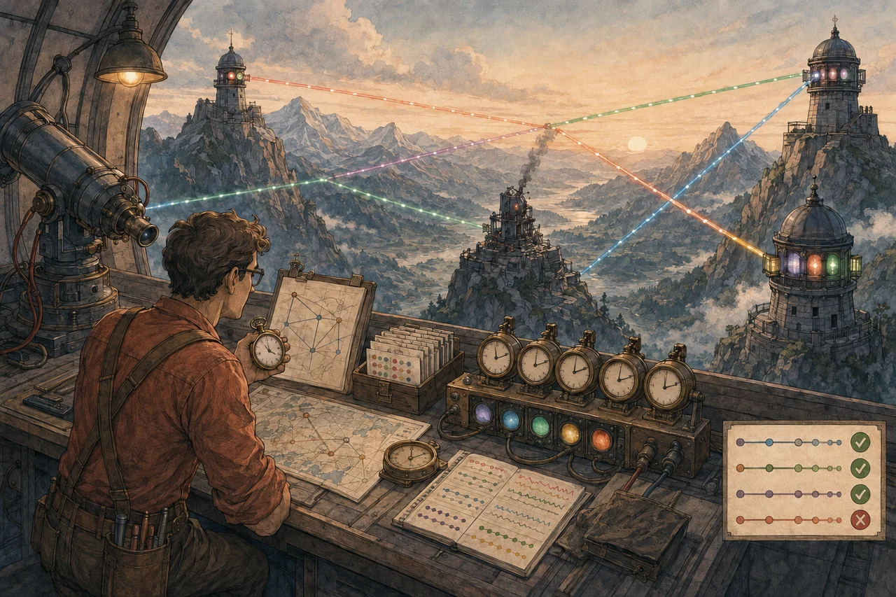 Retro technical-adventure illustration of mountain observatories exchanging coloured signals while a technician compares topology maps, clocks and received patterns to prove directory replication convergence.