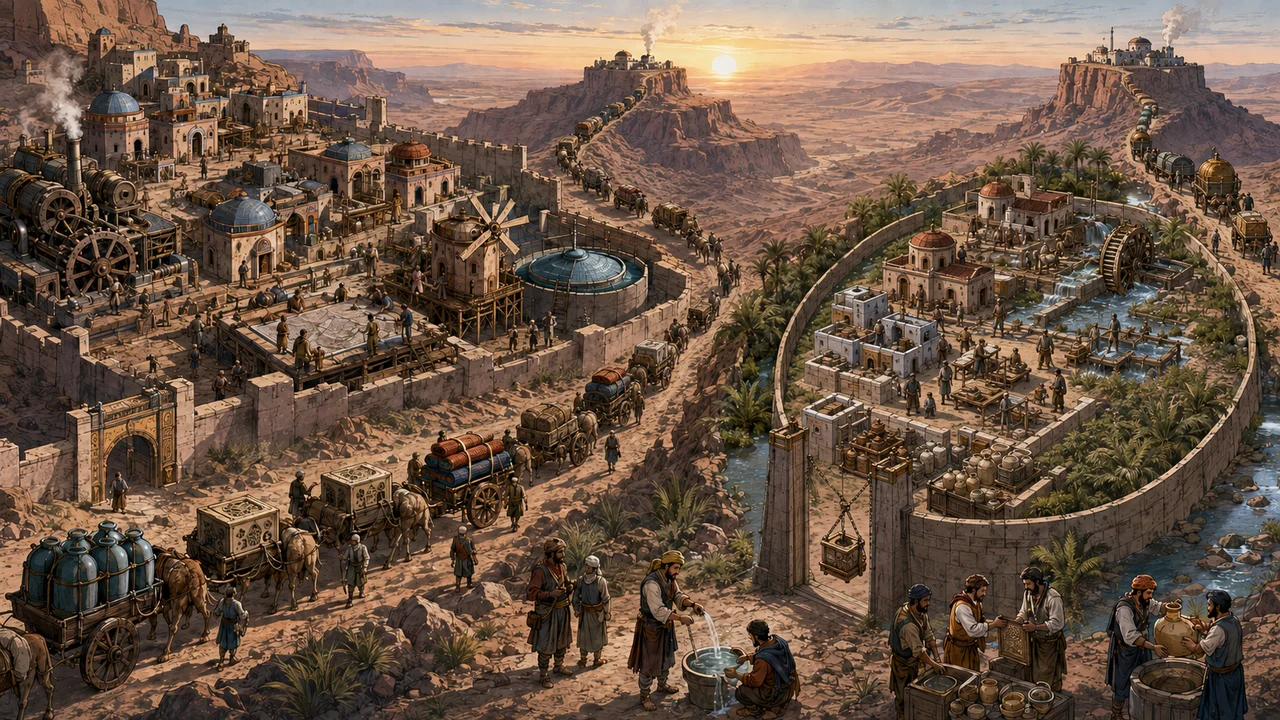 Desert service settlement sending differently shaped identity, configuration, application, key and data cargo to a nearby snapshot store and two independent cliff repositories, while a controlled hoist rebuilds an isolated oasis in dependency order and returns a fresh backup capsule.