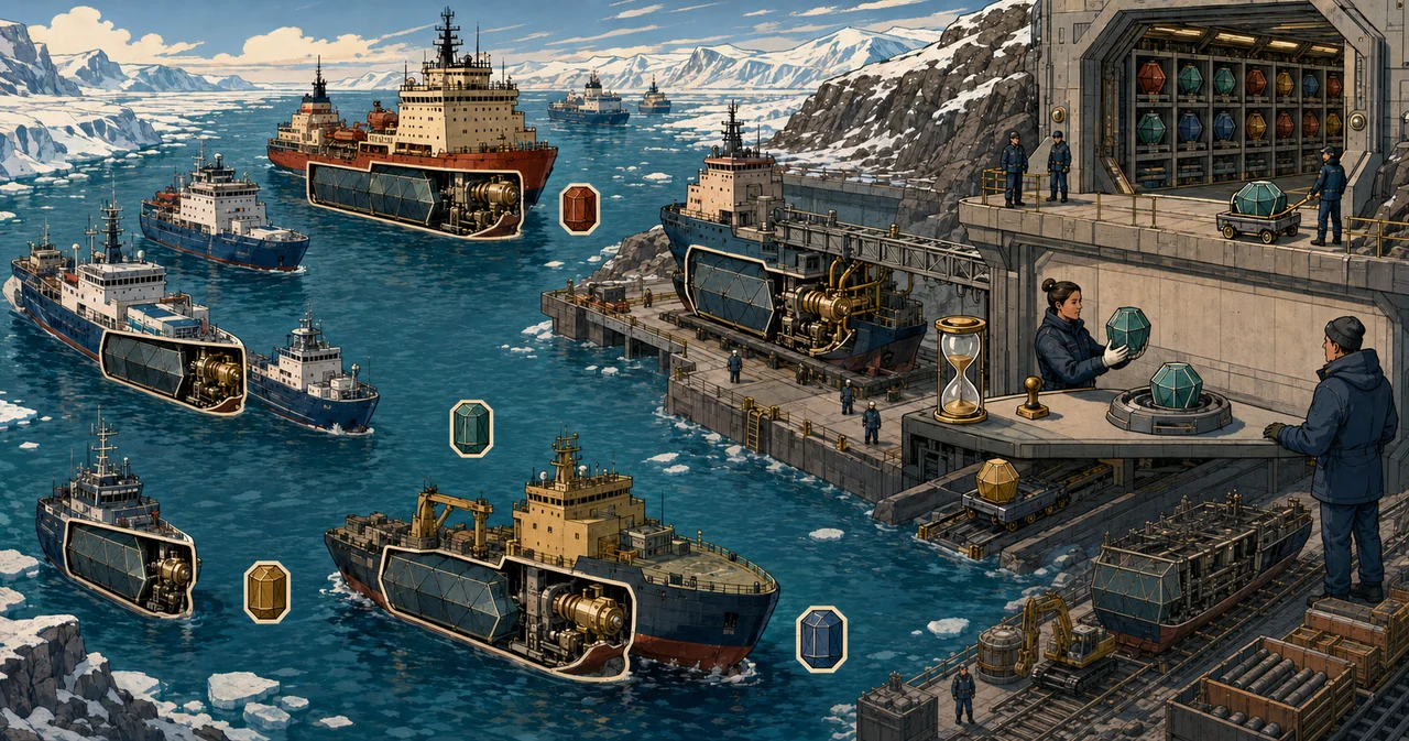 Arctic fleet basin where differently sized icebreakers carry sealed hulls and separate onboard protector machinery, matching geometric recovery capsules remain in a guarded shore archive, one vessel occupies a timed maintenance berth and another returns to protected service after authorised recovery.