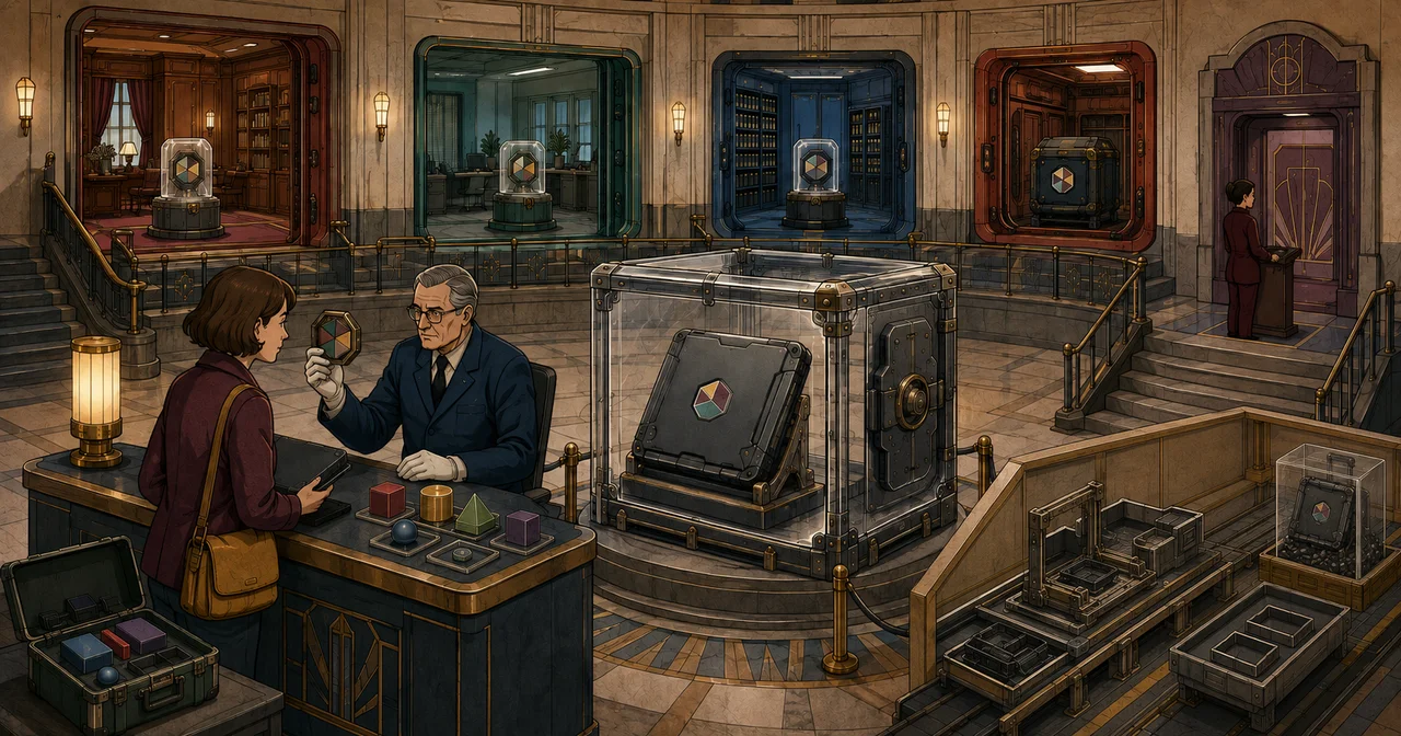 Art Deco custody hall where a claimant stops at an authority desk, a non-secret faceted locator on one sealed device matches one capsule among four controlled recovery rooms, a separate sign-in doorway remains beyond it and an isolated reconstruction cradle can produce only a blank chassis.