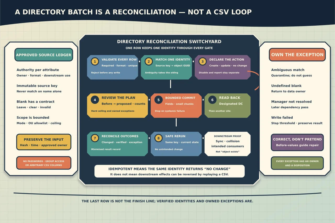 Directory reconciliation switchyard carrying approved source rows through attribute authority, immutable identity matching, explicit blank and clear semantics, reviewed action, bounded commit and independent read-back, with ambiguous rows diverted to an owned exception siding.