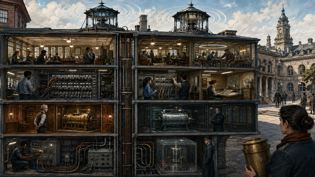 Cutaway civic hall with rooftop radio houses, separate power, switch, network and controller floors, one connected authority and one cordoned stale duplicate, a limited client test zone, an owner-held configuration drum and an untouched reset cylinder enclosed beneath a transparent safety hood.