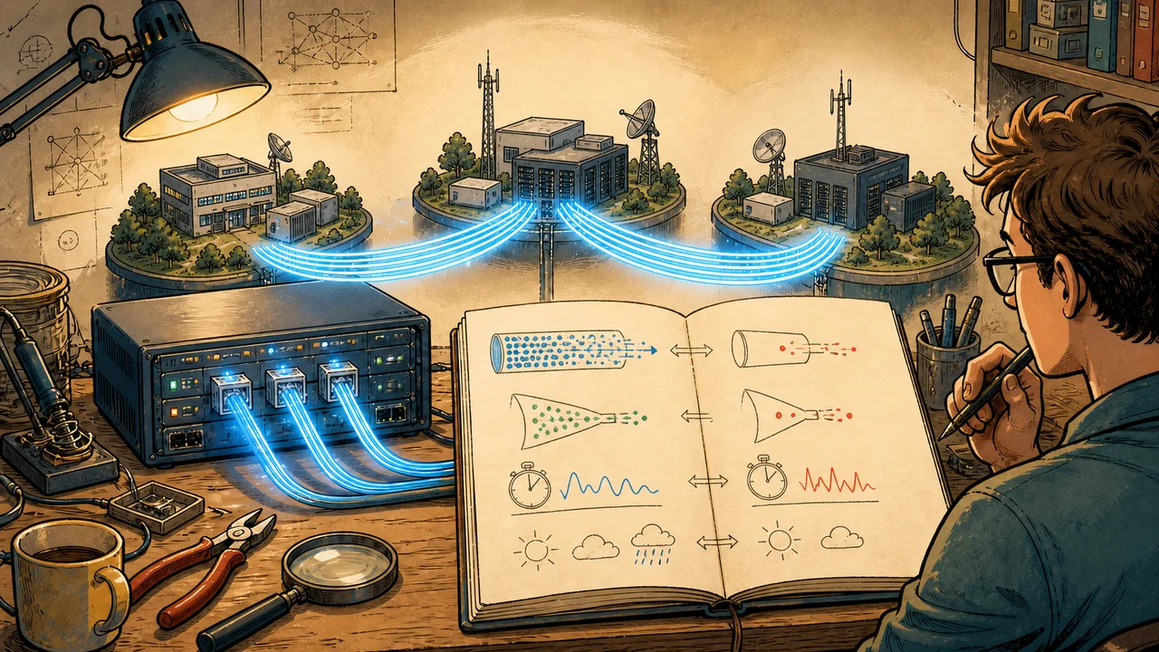 Illustrated network engineer comparing a three-path optical research backbone with capacity, throughput, and latency diagrams at a repair workbench