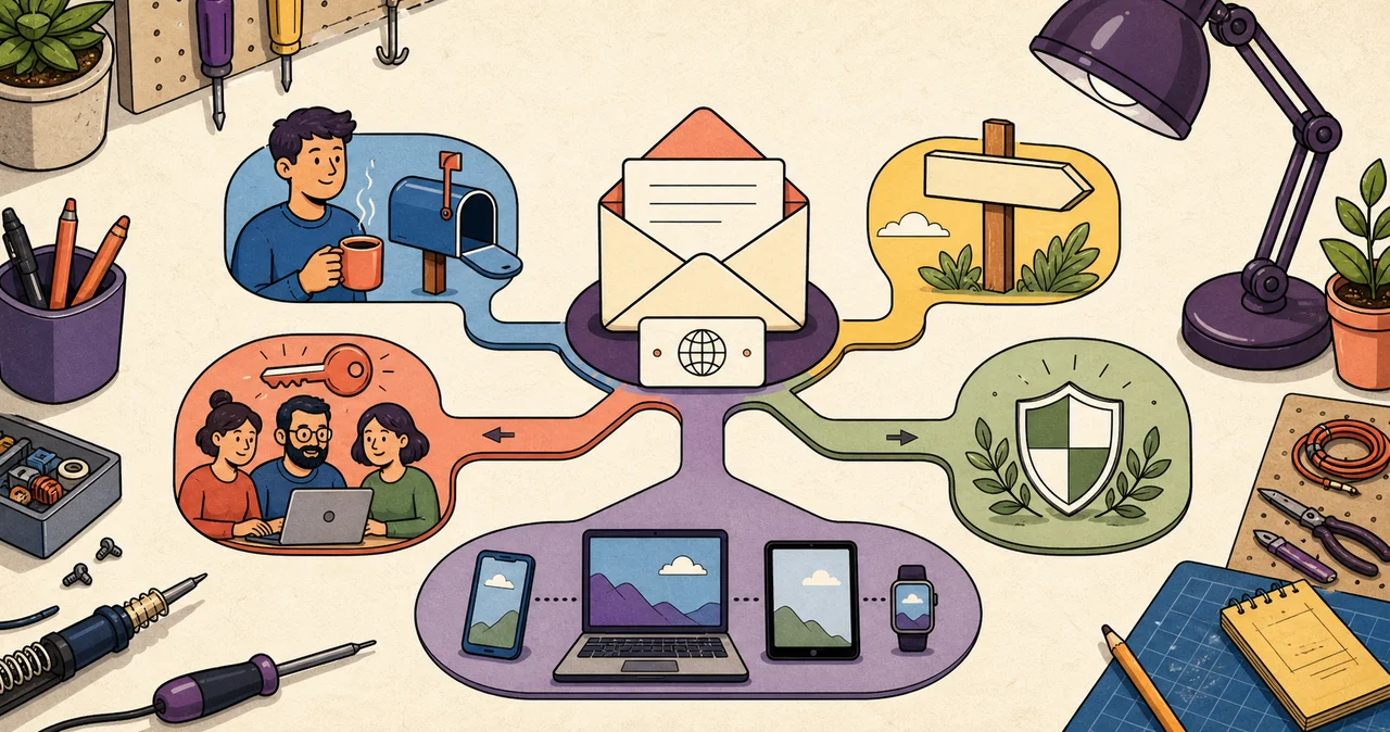 Illustrated email service decision map connecting a mailbox to a personal user, custom domain, team administration, privacy controls, and several devices