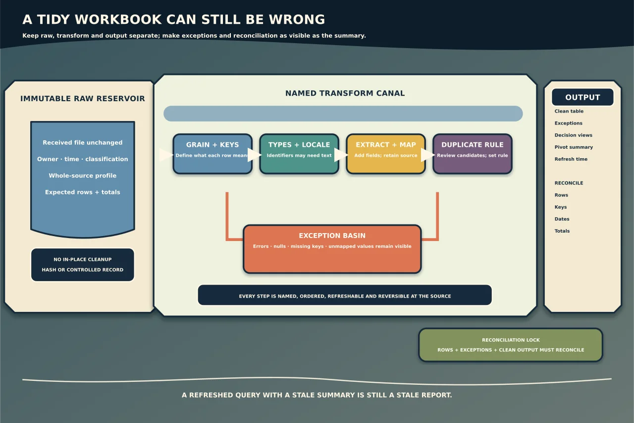 Workbook transform canal keeping an immutable raw source separate from named grain, type, extraction and duplicate-rule steps, routing errors and unmapped values into a visible exception basin and reconciling clean output, exceptions, keys, dates and totals.