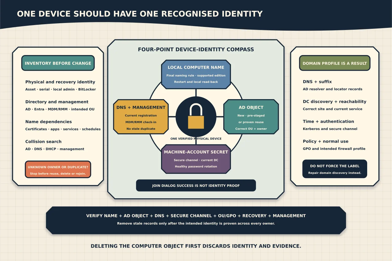 Four-point Windows device-identity compass aligning the local computer name, Active Directory object, machine-account secret and DNS and management records around one verified physical device, with DomainAuthenticated shown as the result of working discovery rather than a forced label.