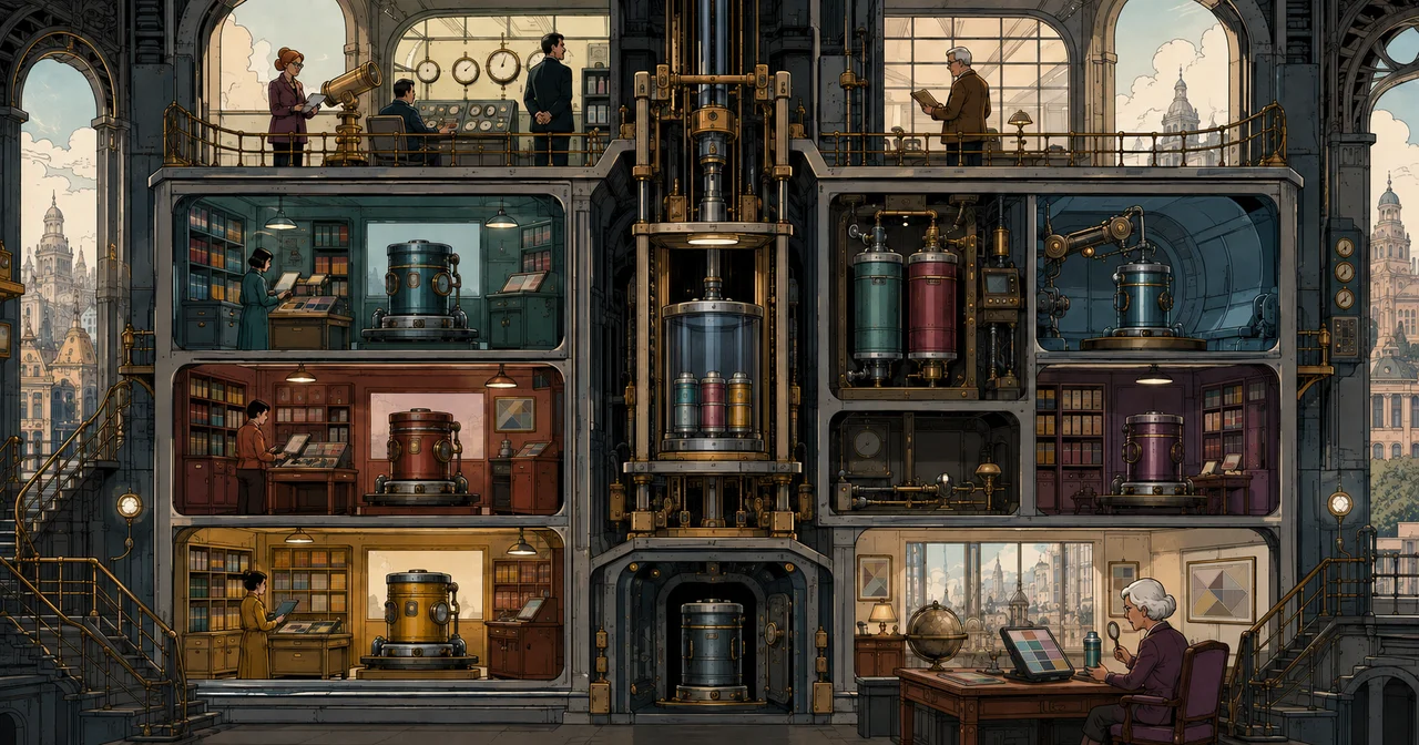 Sectioned civic archive-lift house where one dedicated service cylinder powers the central lift, paired product cylinders and distinct resource cylinders serve separate rooms, human administrators remain in an upper gallery and a representative capsule returns to an alternate reading room before the old cylinder retires.