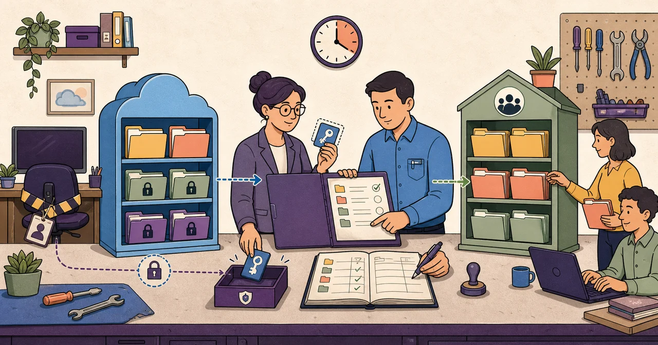 Illustrated OneDrive handover desk showing an authorised case file, temporary administrator access, selected business folders moving to a shared team cabinet, audit evidence, and access being removed