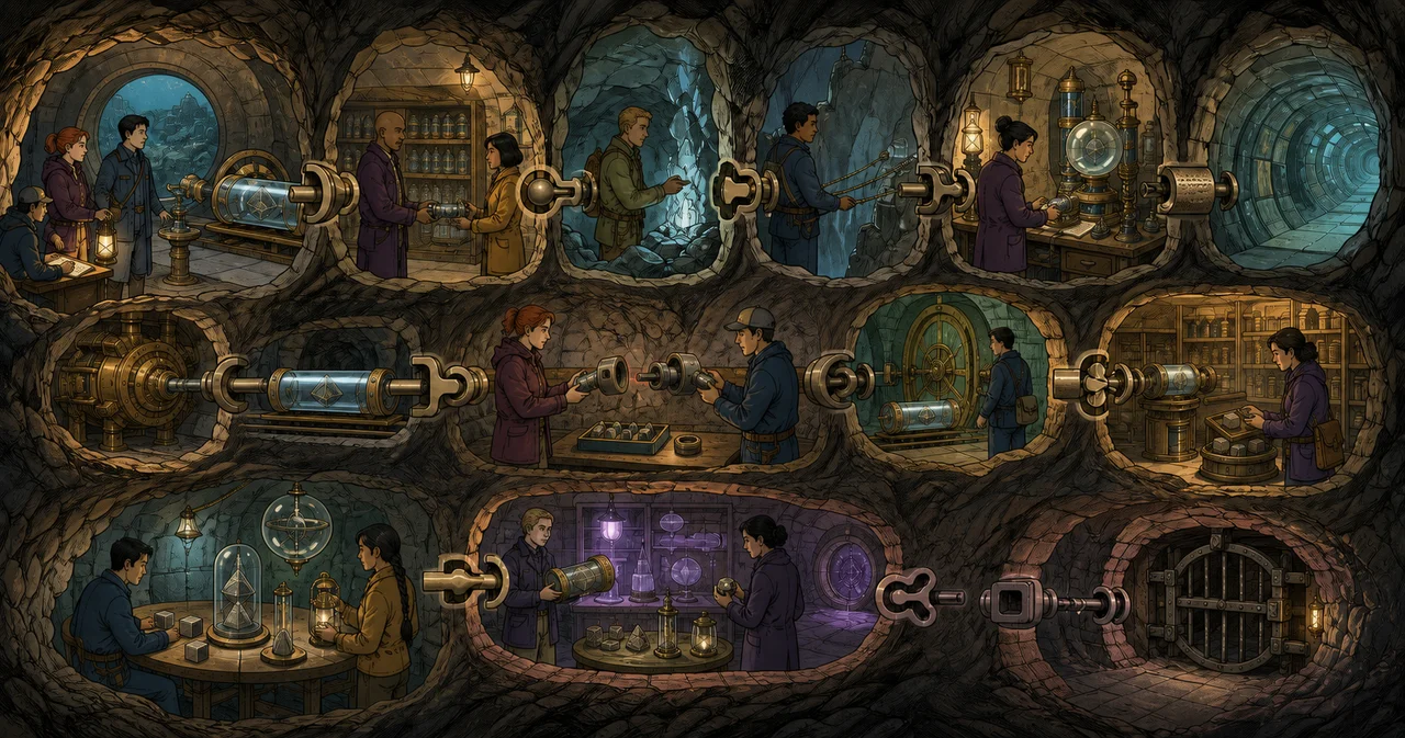 Subterranean backup expedition where one protected capsule crosses distinct service, stored-credential, source, agent, application, network, target and catalogue chambers, two mismatched couplers identify one failed junction and a separate restore passage returns a representative object while a universal coupler stays unused.