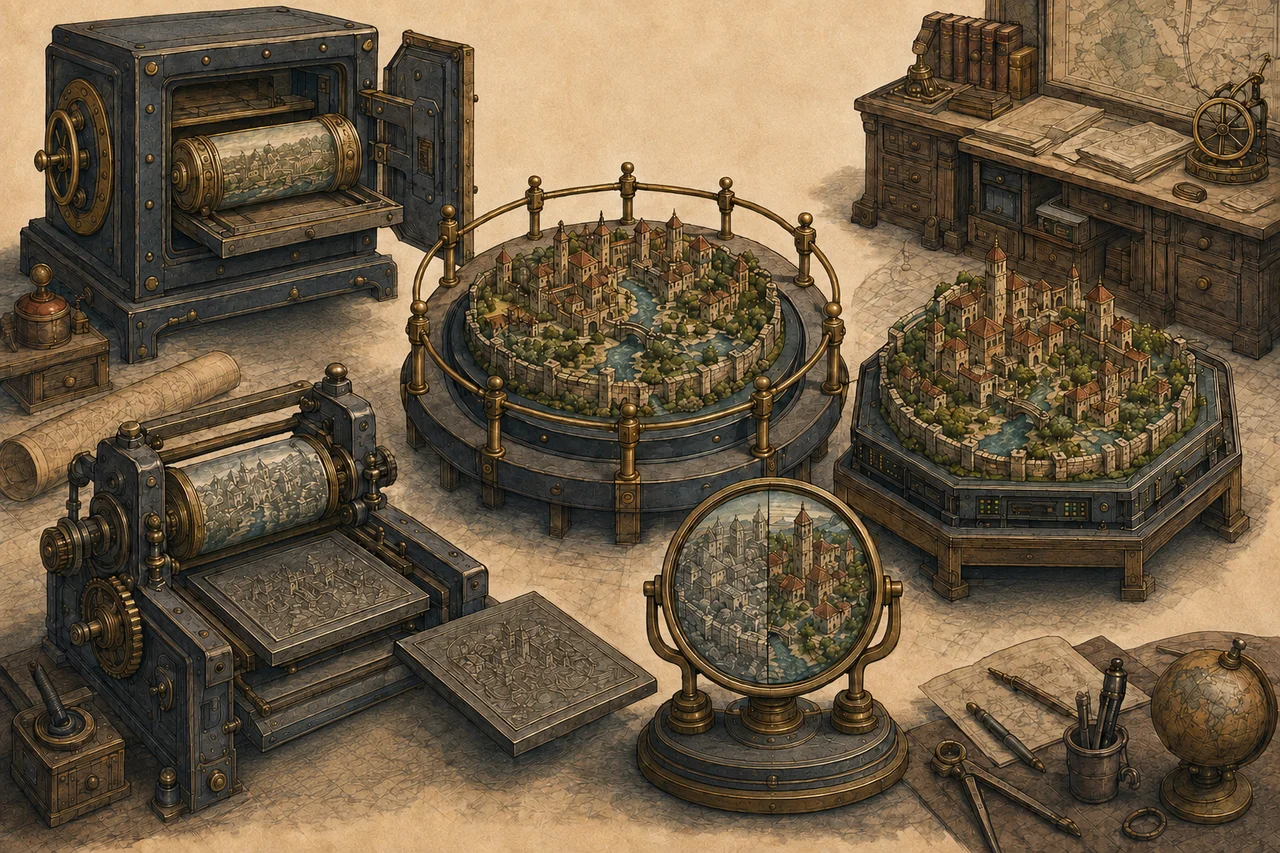 Human-free printmaking studio showing an untouched source city model, a stored point-in-time impression, a direct copy press, reconstruction on a replacement platform and a comparison lens for verification.