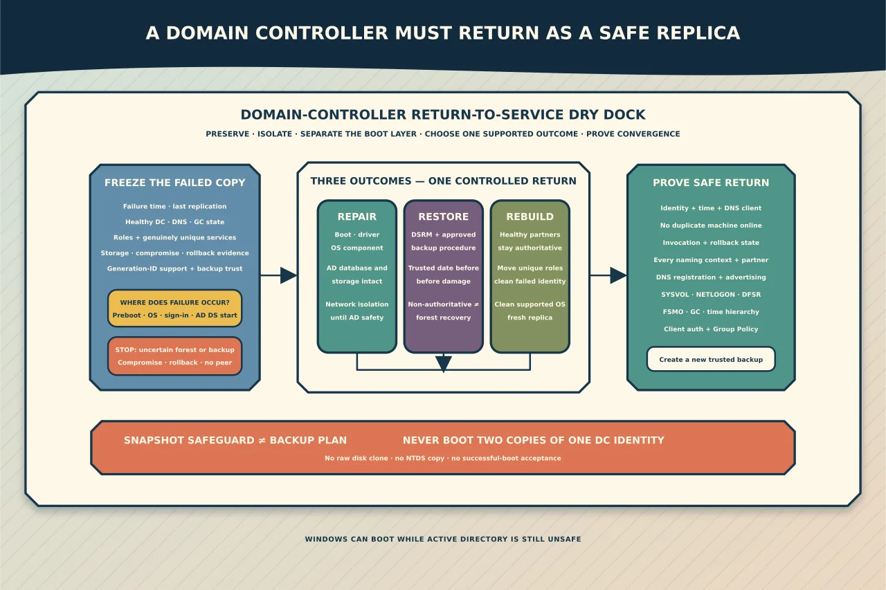 Domain-controller return-to-service dry dock holding the failed copy offline while boot repair, supported restore and clean rebuild remain separate, with snapshot rollback, raw database copying and duplicate identity rejected before replication and client proof.