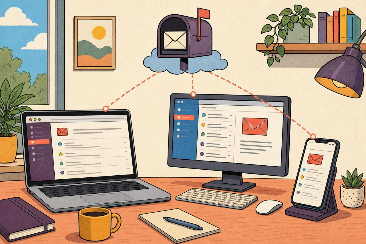 Illustrated laptop browser, desktop email application, and mobile phone connecting to the same mailbox