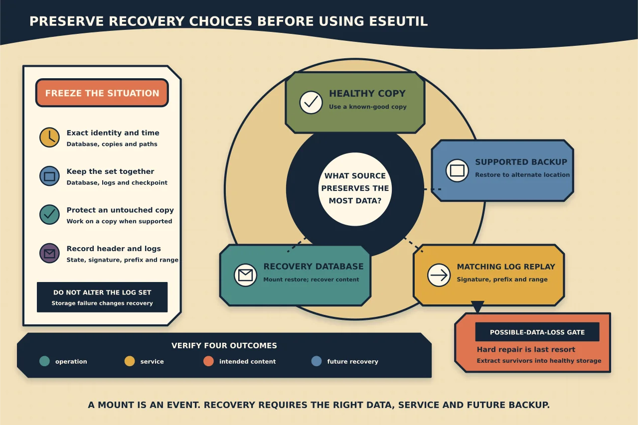 Preservation-first Exchange database recovery compass beginning with frozen evidence and intact database, log and checkpoint files, then prioritising a healthy copy, supported backup, matching log replay or recovery database before an isolated possible-data-loss hard-repair gate and four-part outcome verification.