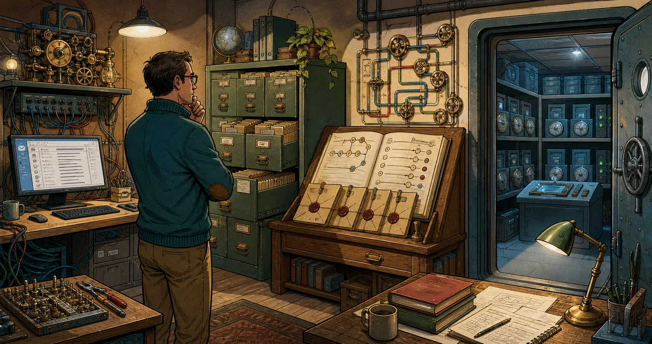 Illustrated email operations workshop with a live mailbox desk, a cabinet for older messages, a retention ledger, and a physically separate vault of dated recovery copies