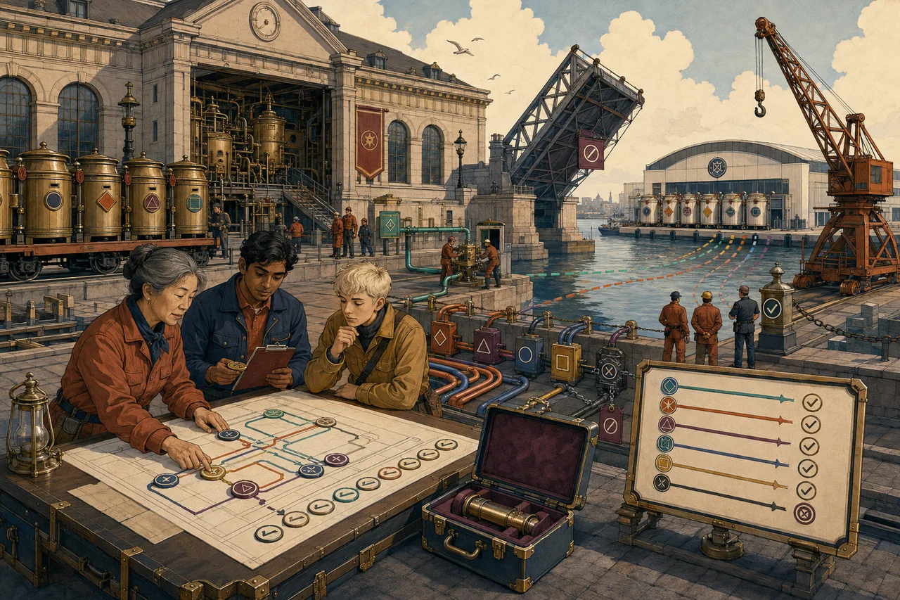 Civic mail-exchange quay being formally retired while a diverse engineering team verifies a dependency ledger, mailbox canisters and relay routes operate from replacement stations, the hybrid bridge remains controlled and an idle crane waits until the final checks clear.