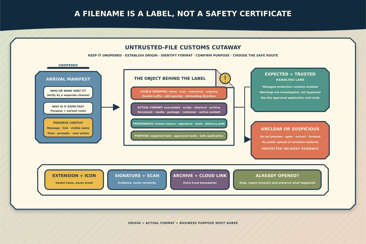 Untrusted-file customs cutaway keeping an unexpected object unopened while visible name and icon, actual format, provenance and business purpose are checked before separate approved-handling or protected-incident-evidence paths.
