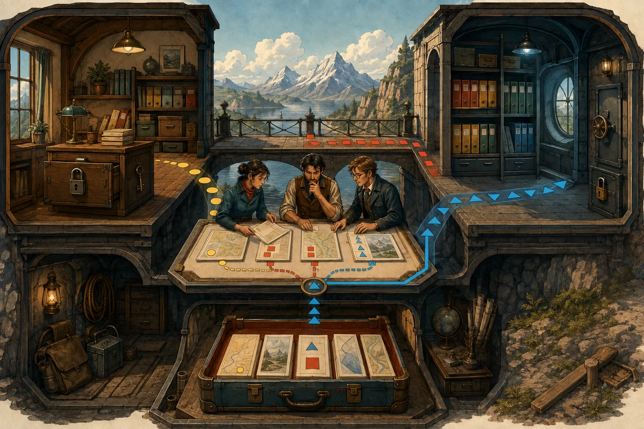 Split-level cartographer house with a local study, protected remote archive and offline field case, where two technicians and the data owner compare map pages at a central reconciliation table before one shape-coded path leads to the approved archive.
