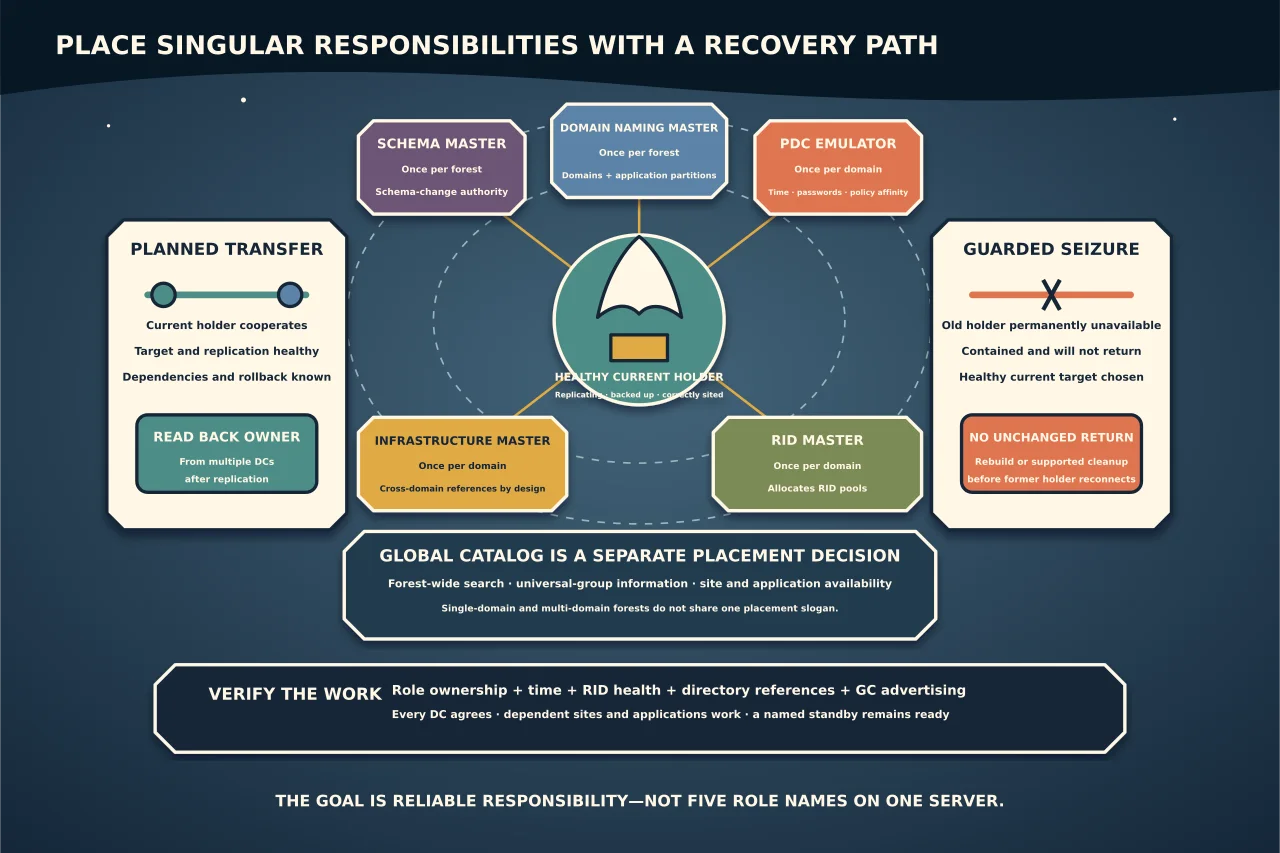 Forest responsibility constellation separating the five operations-master roles from Global Catalog placement, with a healthy current holder, cooperative planned transfer, guarded emergency seizure, prevention of an unchanged former holder returning and function-level verification.