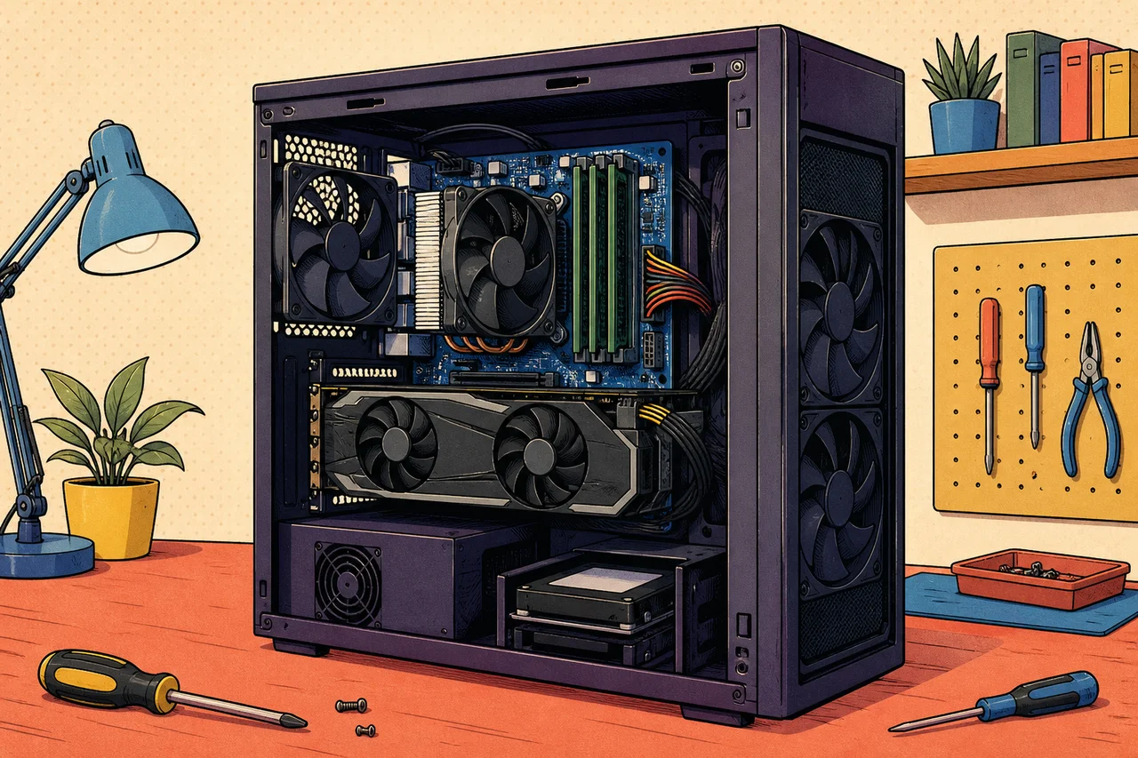 Editorial illustration of an open desktop computer with visible motherboard, processor cooler, memory, graphics card, storage, power supply, and case fans