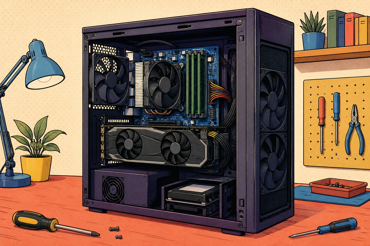 Editorial illustration of an open desktop computer with visible motherboard, processor cooler, memory, graphics card, storage, power supply, and case fans