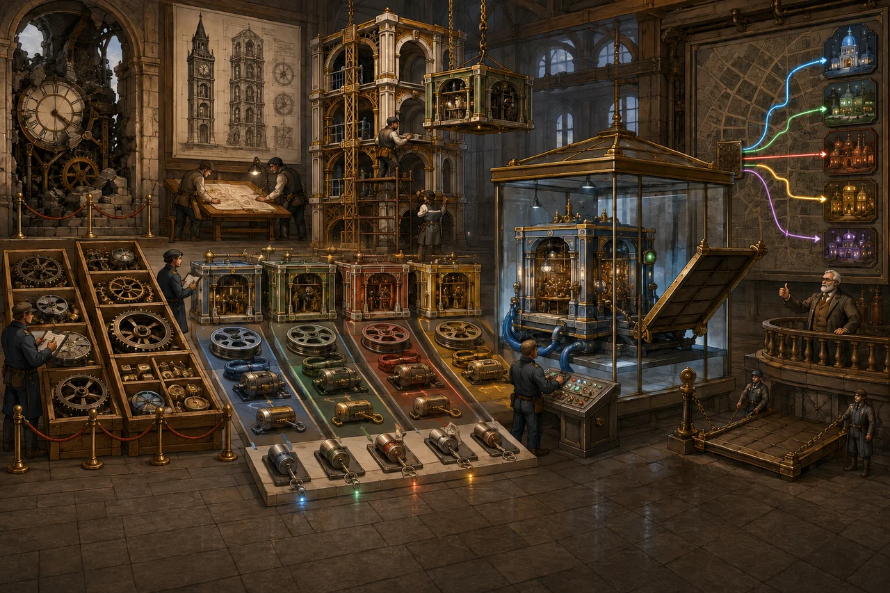 Modular clock-tower recovery workshop preserving a cordoned failed mechanism while engineers rebuild distinct workload rooms with matching components, test one inside a glass isolation bay and illuminate separate city services before a guarded production bridge opens.