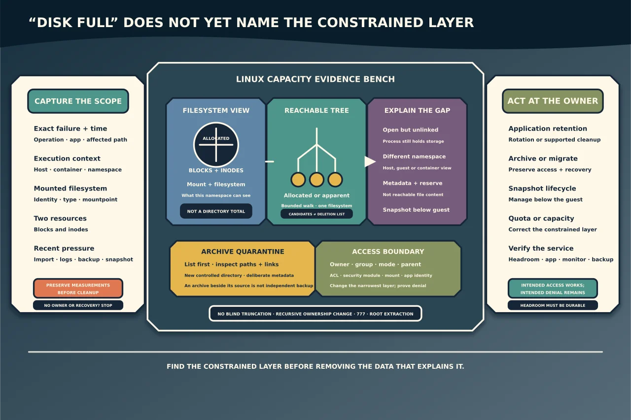 Linux capacity evidence bench separating mounted-filesystem blocks and inodes, reachable directory-tree use and open-unlinked, namespace, metadata and lower-layer snapshot explanations, with archive quarantine and narrow permission decisions isolated from destructive cleanup.