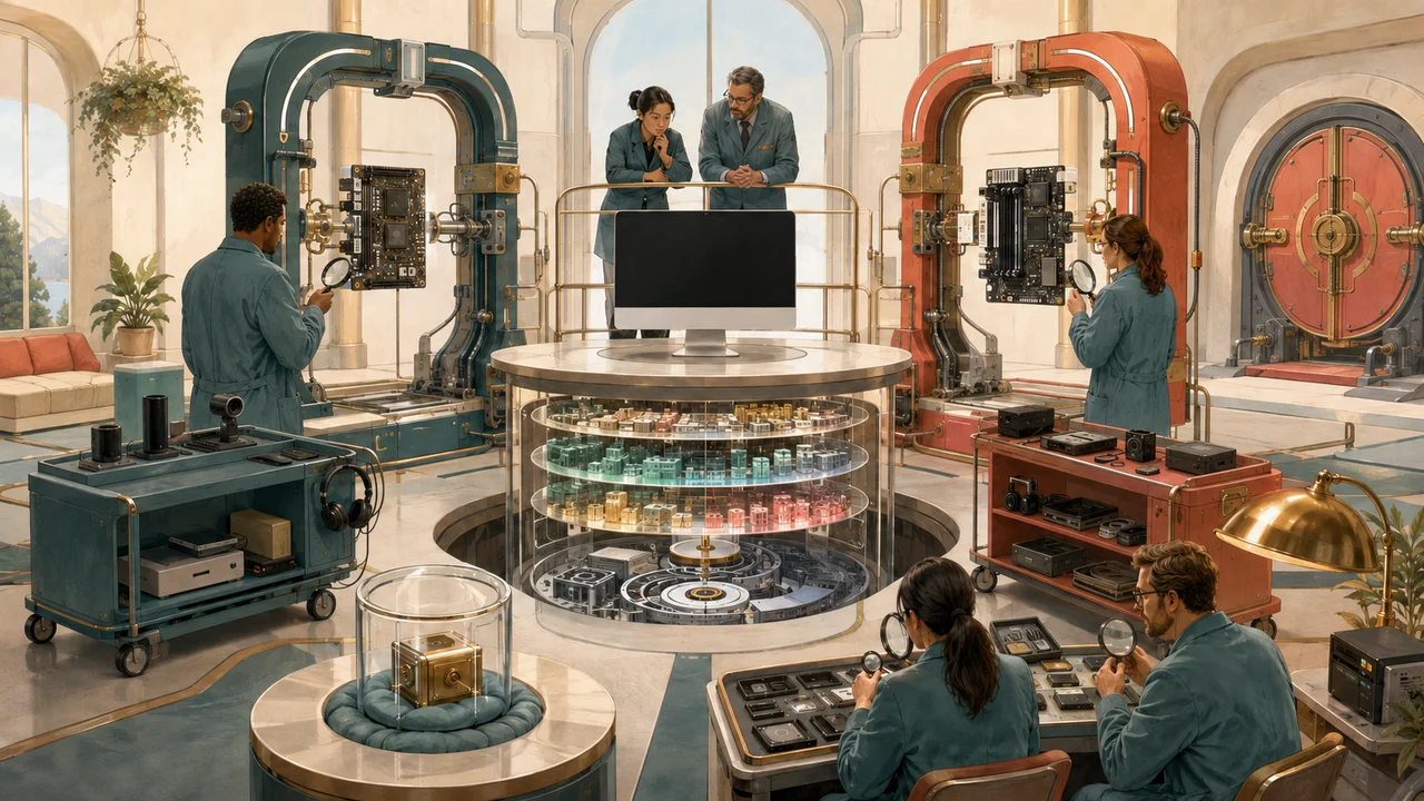 Bright modernist device clinic with one unbranded computer above a layered storage core, two distinct architecture gantries, detached peripherals on separate carts, technicians using physical inspection tools, a protected data capsule and a closed destructive gate.