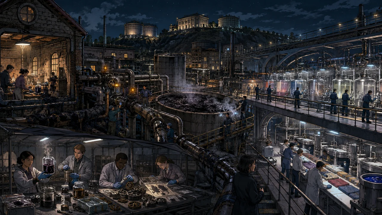 Night dye works with dark contamination stopped at selected pipe valves, a separate evidence bay preserving volatile and durable samples, protected uphill recovery reservoirs, a clean administration boundary and a rebuilt production line returning in controlled stages under observation.