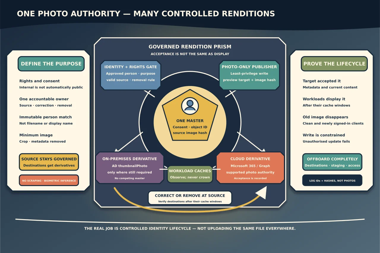Governed profile-photo rendition prism keeping one consented master and immutable identity at the centre, with controlled derivatives sent separately to on-premises Active Directory, Microsoft 365 and workload caches before correction, removal and offboarding are verified.