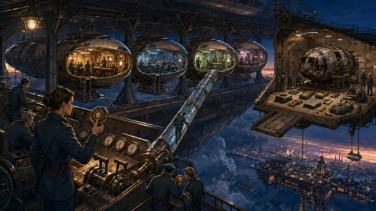Retrofuturist Hyper-V carrier separating host controls, individual virtual-machine craft, guest work, a single direct-maintenance route, and an isolated recovery hangar