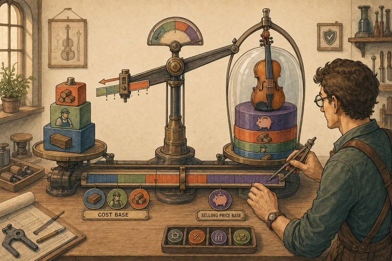 Illustrated measuring apparatus comparing a cost-base uplift with a selling-price vessel containing recovered cost and profit, while overhead, fee and tax tokens remain outside the gross-margin mechanism.