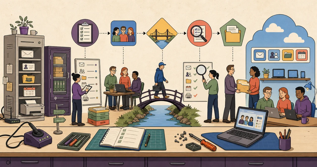 Illustrated migration control desk connecting a source office to Microsoft 365 through inventory, pilot, cutover, validation, and handover checkpoints