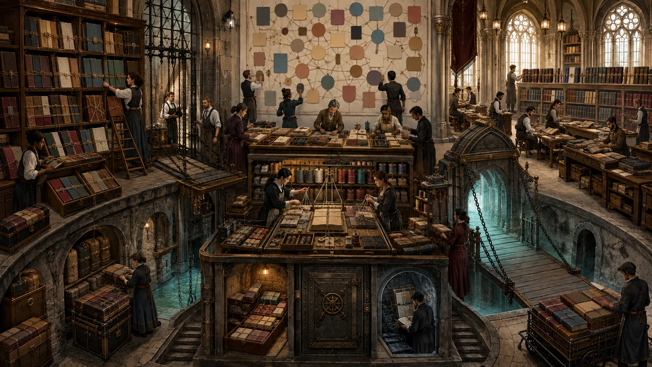 Vast binding hall with an intact old case house, blank-shape relationship wall, representative trial bench, separately linked attachments, one open cutover bridge to a new active hall, a closed old channel gate, independent backup and protected read-only archive.