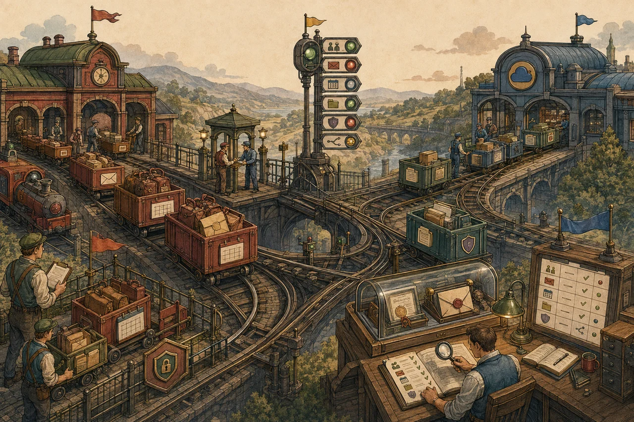 Retro rail interchange moving separate identity, mail, calendar and file consignments from one depot to another through pilot, routing and reconciliation controls, with a protected rollback siding.