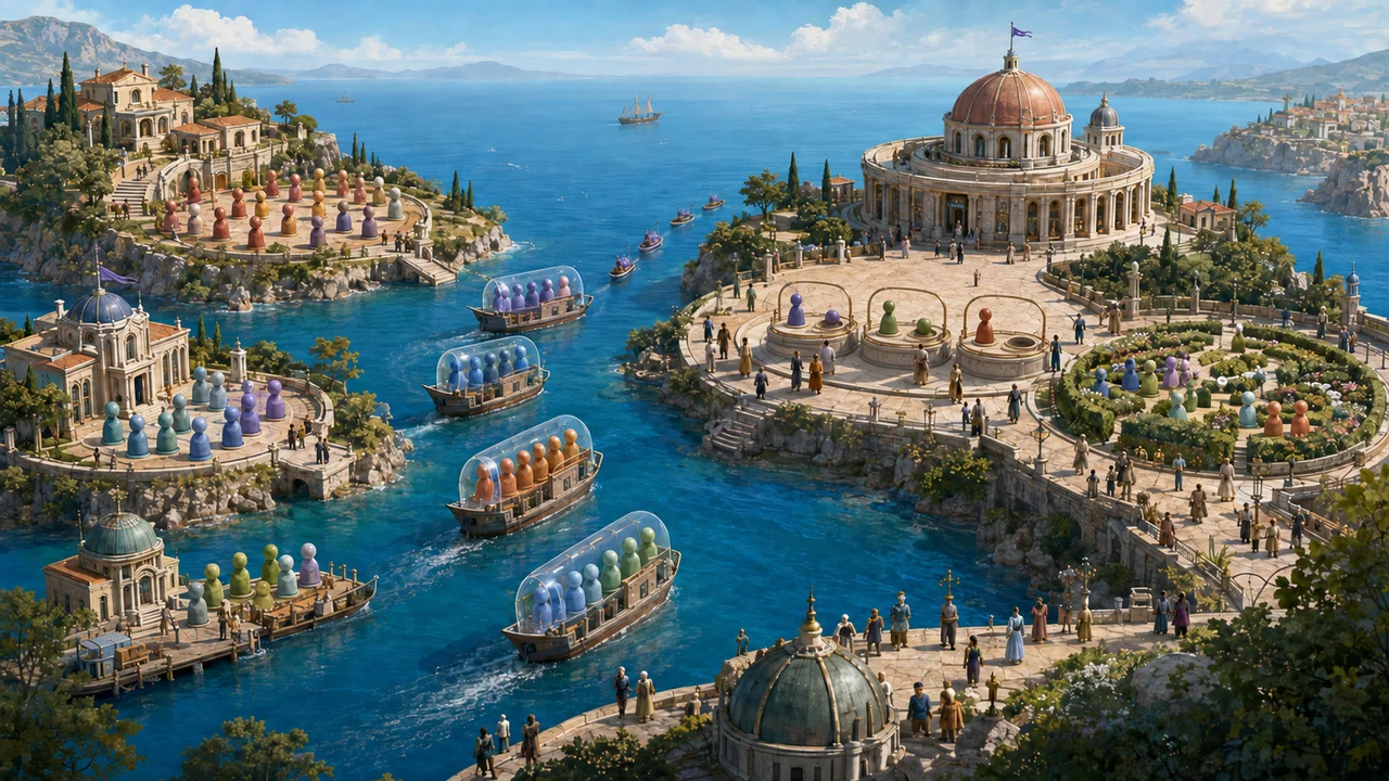 Sunlit coastal archipelago whose separate source islands hold differently coloured contact tokens and launch protected export vessels toward one destination registry, where physical three-part fixtures compare source, export and destination before a small within-destination review garden.