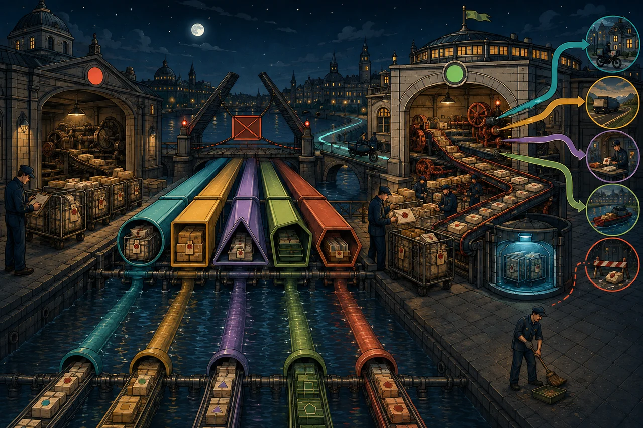 Night postal-waterworks transfer with a stopped old depot, sealed undelivered carts, five differently shaped storage channels moving together to a prepared new depot, alternate mail flow, several proven onward routes and the original set retained in a protected rollback vault.