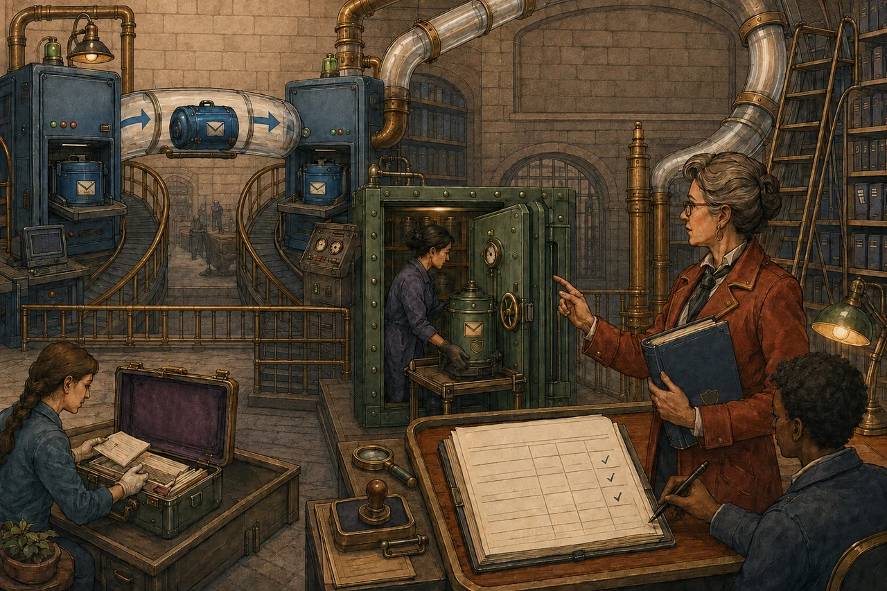 Pneumatic-post archive where a live mail canister moves between active cabinets, a protected canister is recovered from a vault, selected correspondence is copied into an evidence case and a diverse team records verification.