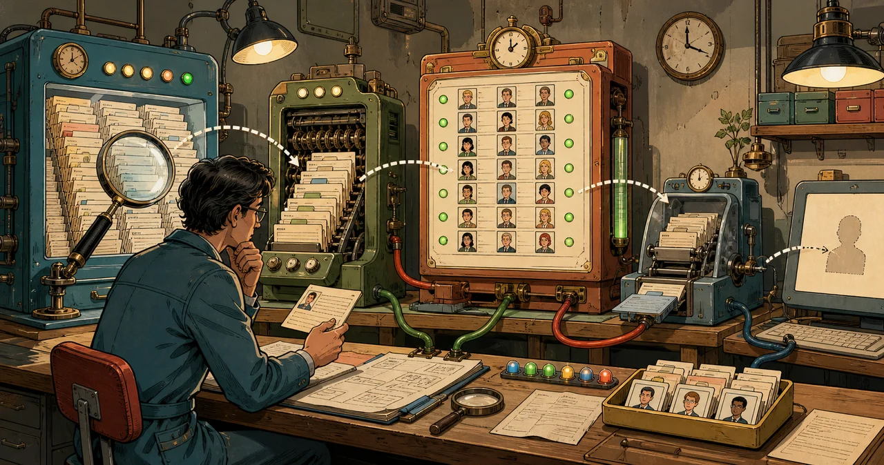 Illustrated Outlook diagnosis workshop separating message search, a local index, the live staff directory, an offline directory snapshot, and a small recipient-history tray
