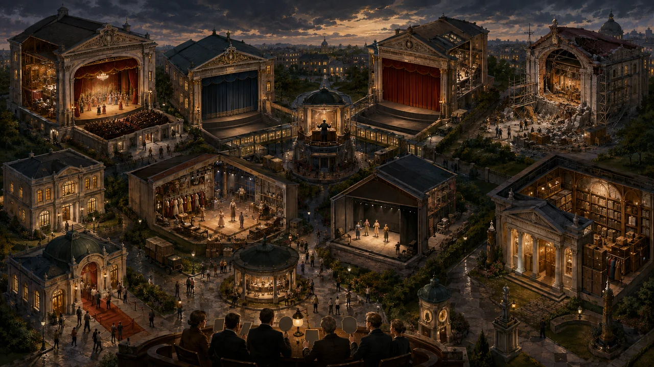 Night opera campus with one active full theatre, two separate ready but passive theatres, a fourth damaged hall under repair, an independent historic archive, an isolated recovery rehearsal room and a minimal temporary stage, all observed by a review team holding blank evidence tiles.