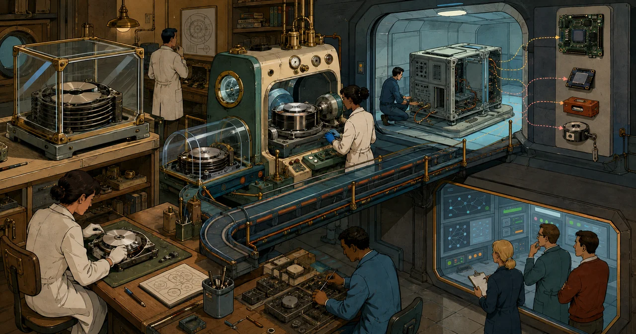 Forensic media-conservation laboratory keeping an original layered disk stack sealed while a verified copy passes through inspection and conversion into an empty virtual-machine chassis inside an isolated chamber, with firmware, boot and encrypted-state components reconciled before observation.
