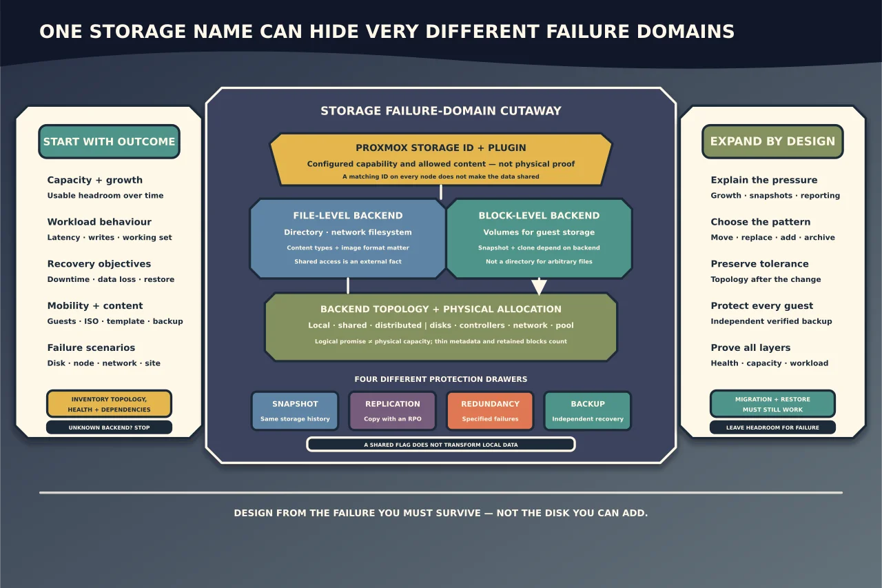 Layered Proxmox storage failure-domain cutaway tracing a workload contract through storage ID and plugin, file or block capabilities, backend topology and physical allocation, with snapshots, replication, redundancy and independent backup kept in separate protection drawers before expansion.