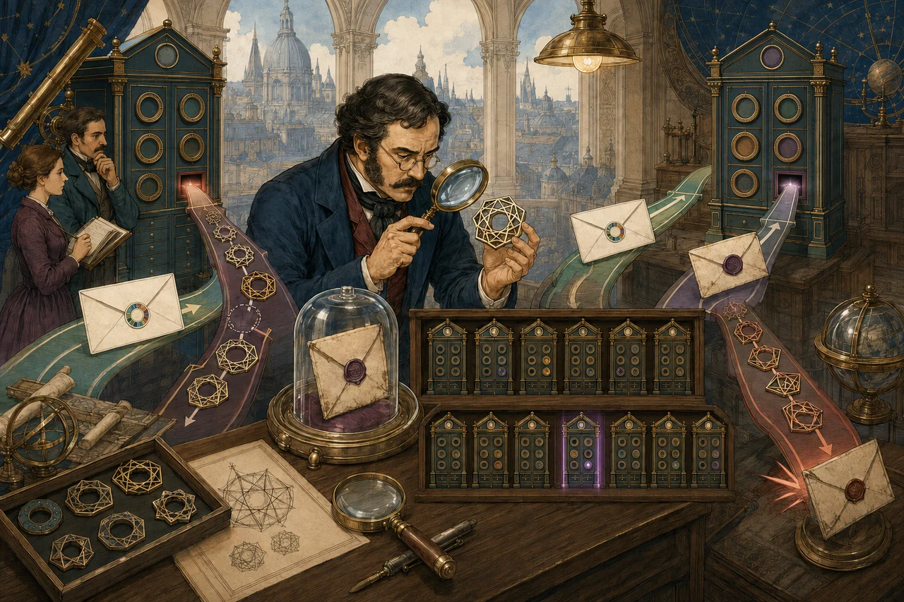 Historical reply observatory where a fresh letter reaches the current recipient normally, one preserved old thread reveals an exact geometric identity token, a gallery proves only one recipient match and that token is added as an extra ring so old and fresh paths both work.