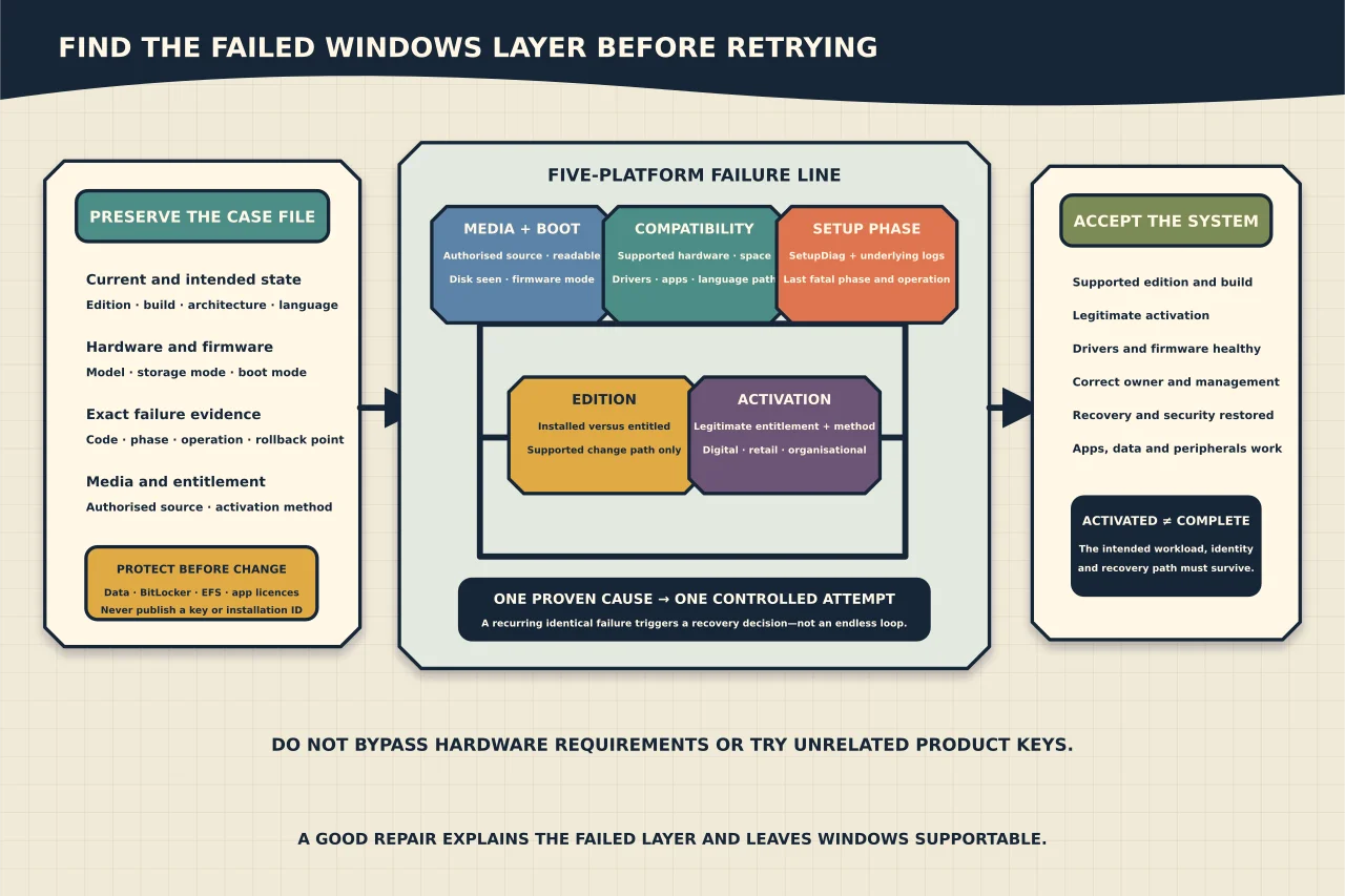 Five-platform Windows failure line separating media and boot, compatibility, setup phase, installed edition and legitimate activation entitlement, with exact logs and recovery evidence preserved before one cause-specific attempt and full workload acceptance.