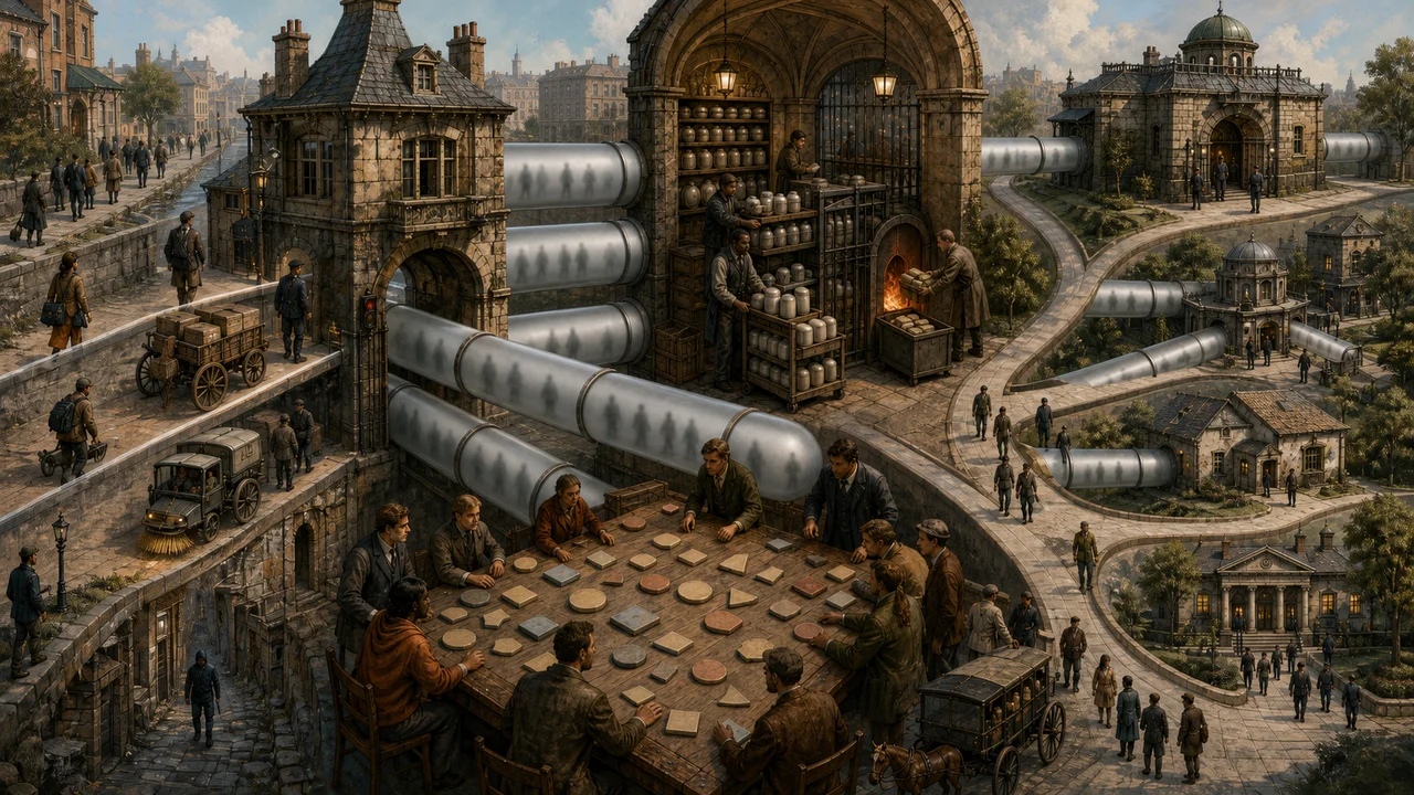 Layered old city where varied client streets meet an ageing gatehouse, frosted tunnels reveal only traffic silhouettes, a restricted evidence room retains justified capsules, owners map blank outcome tiles and several different governed destination patterns remain available.