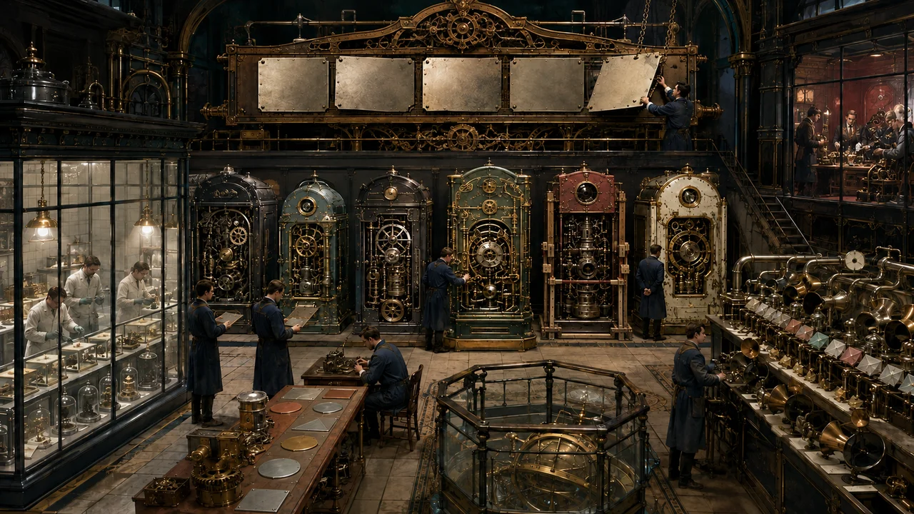 Dark mechanical recall atelier with changing blank bulletin plates, varied communication engines, a temporary support on one affected machine, a separate evidence laboratory, contained investigation room, staged repair bench and physical service-message test line.
