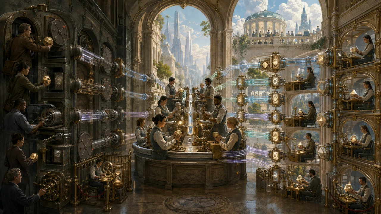 Monumental communications arcade with dark on-premises legacy conduits on one side, a bright cloud-era jurisdiction on the other and a central human mapping bench that sends differently shaped workload tokens through distinct identity and protocol mechanisms to supported endpoints; obsolete conduits are capped and one timed exception is fenced.