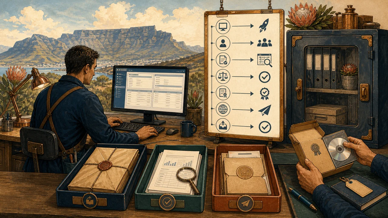 Illustrated South African records workshop separating a protected source archive, verified working copy, application checks, reconciliation packet, online handoff, and final acceptance evidence
