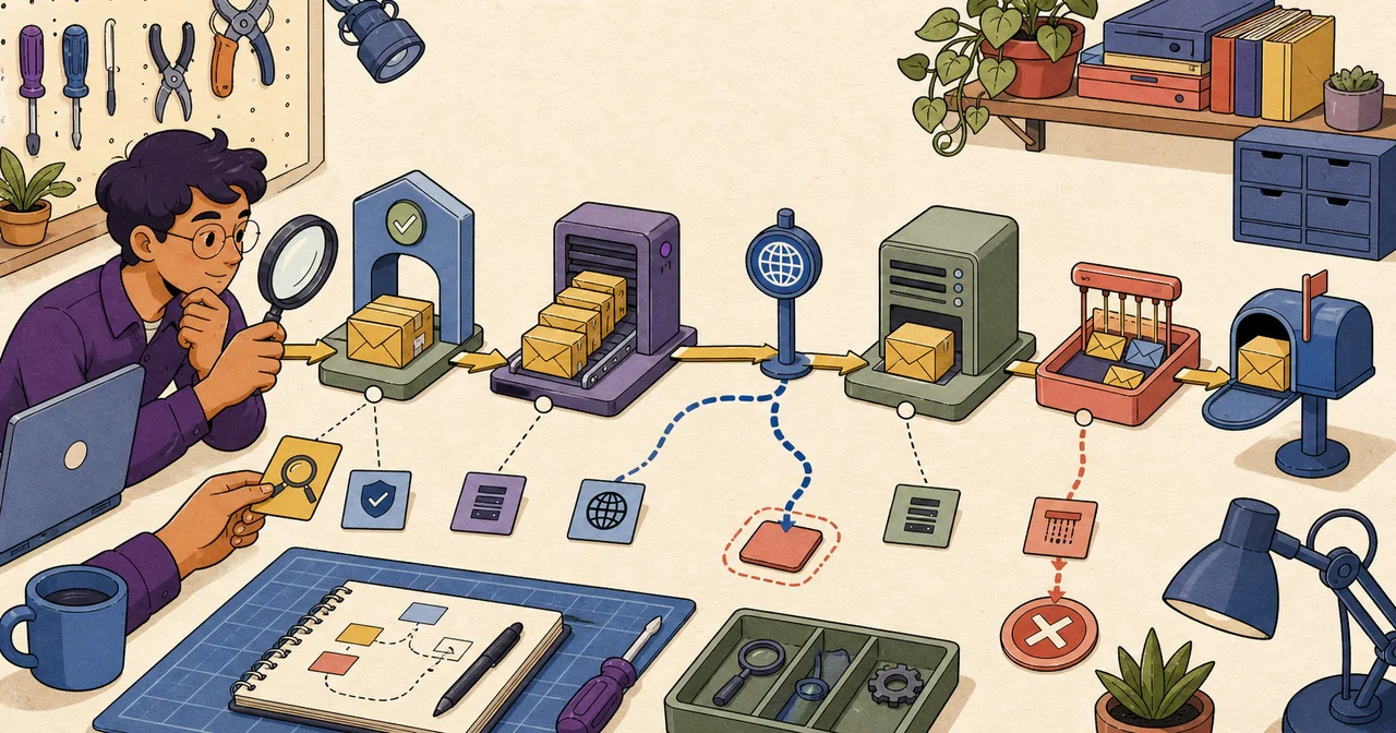 Illustrated technician tracing one email through secure submission, sending queue, DNS routing, receiving server, filtering, and mailbox stages